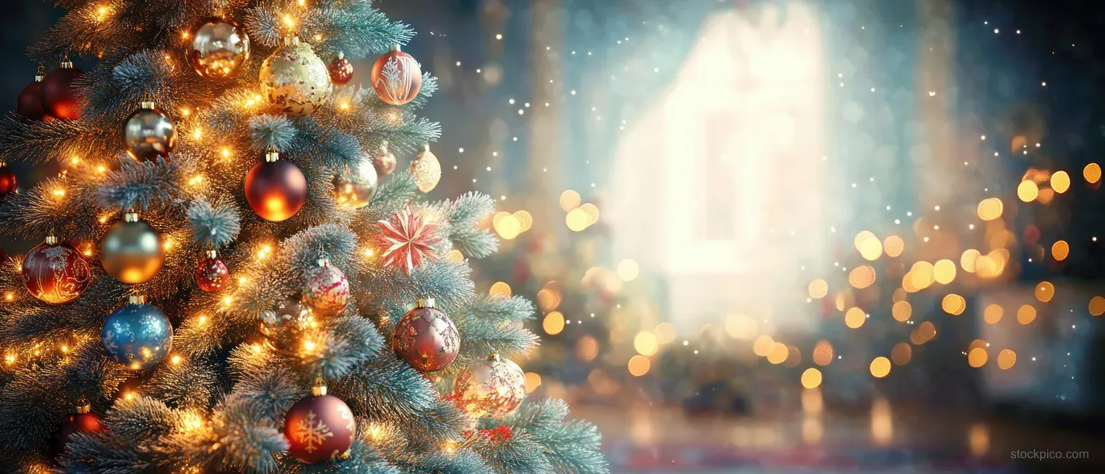 Colorful Christmas tree ornaments glow with golden bokeh lights in a warm, cozy indoor living room background.