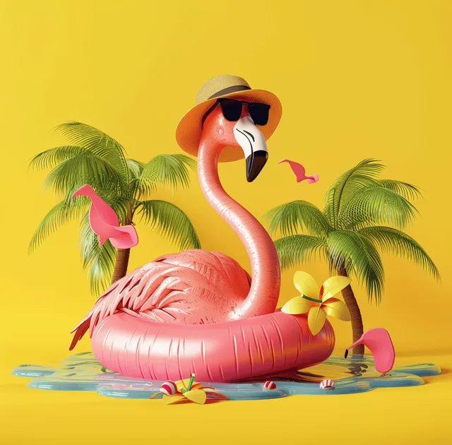 Pink flamingo wearing beach hat and sunglasses, floating on inflatable tropical island