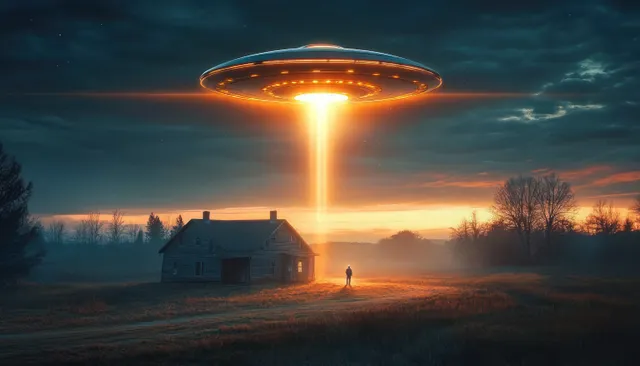 A hovering glowing UFO shines a beam of light onto a lone person standing in front of an old house at dusk.