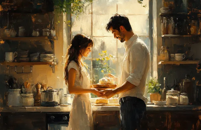 Father and daughter baking in a warm kitchen, shaping dough and smiling
