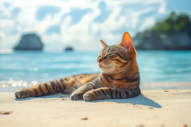 Striped tabby cat resting on sandy beach beside calm ocean under clear blue sky