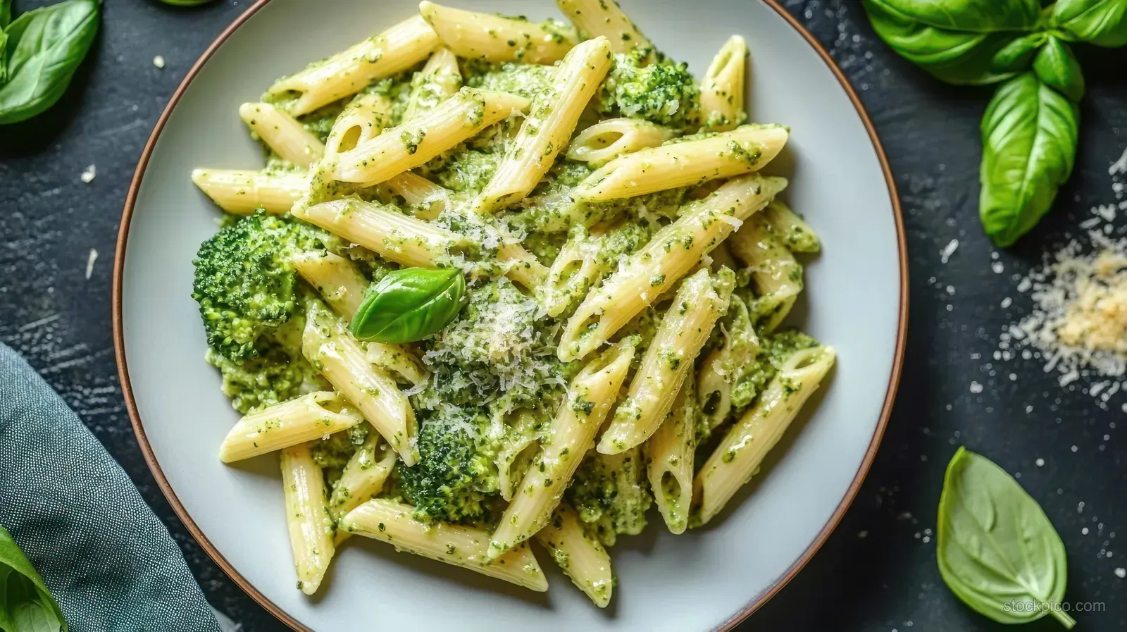 Penne pasta with broccoli in green pesto sauce, topped with grated cheese and basil leaves on a dark surface.
