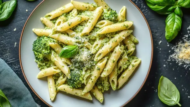Penne pasta with broccoli in green pesto sauce, topped with grated cheese and basil leaves on a dark surface.