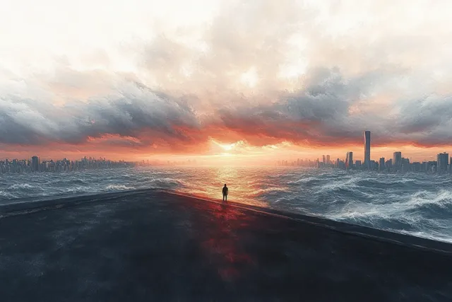 A lone silhouette stands on wet pavement facing churning waves and city skylines beneath a fiery sunset and storm clouds.