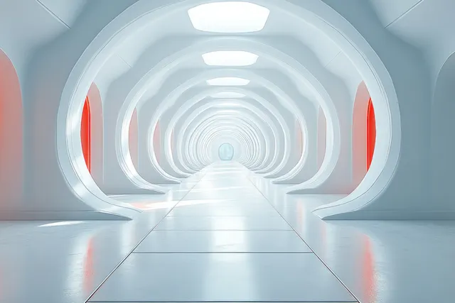 Minimalist white futuristic corridor leading into a glowing tunnel of repeating geometric rings with soft symmetrical lighting.