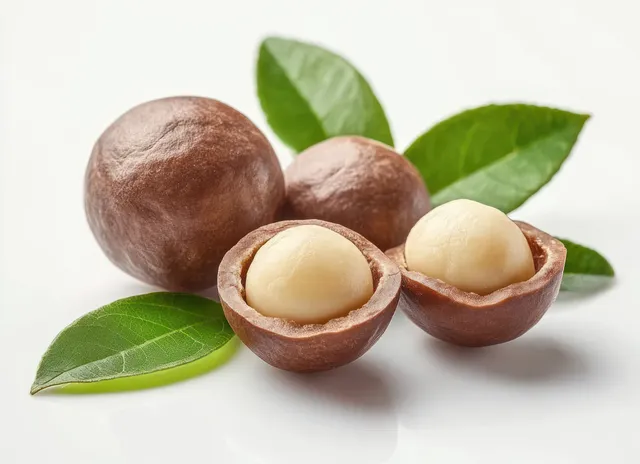 Cracked macadamia nuts with smooth white kernels and green leaves arranged on a white background.