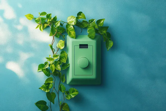 Green light switch on blue wall framed by leafy vine shadows