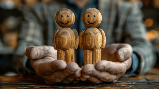 Two wooden employee figures are squeezed by large hands on a desk, symbolizing workplace control.