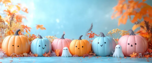 Pastel pumpkins and small cute ghosts sit in a row on a blue Halloween background with autumn leaves.