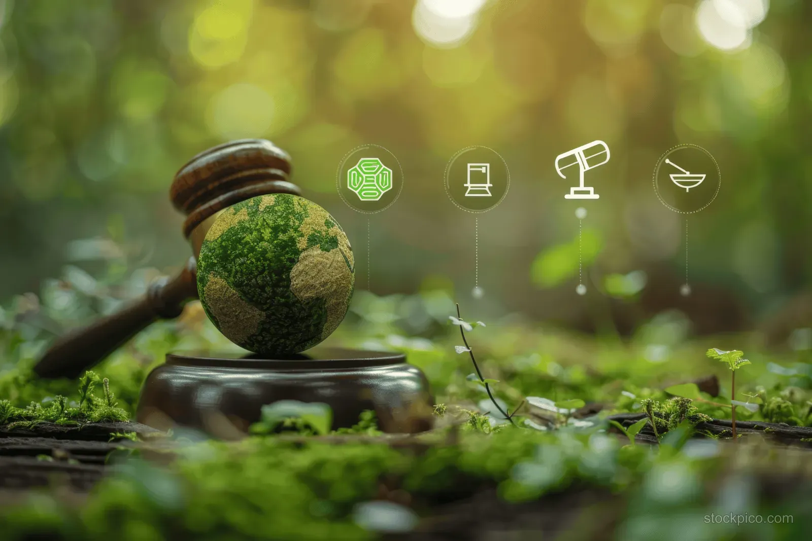 A gavel sits beside a moss-covered globe on a forest floor with small eco icons above.
