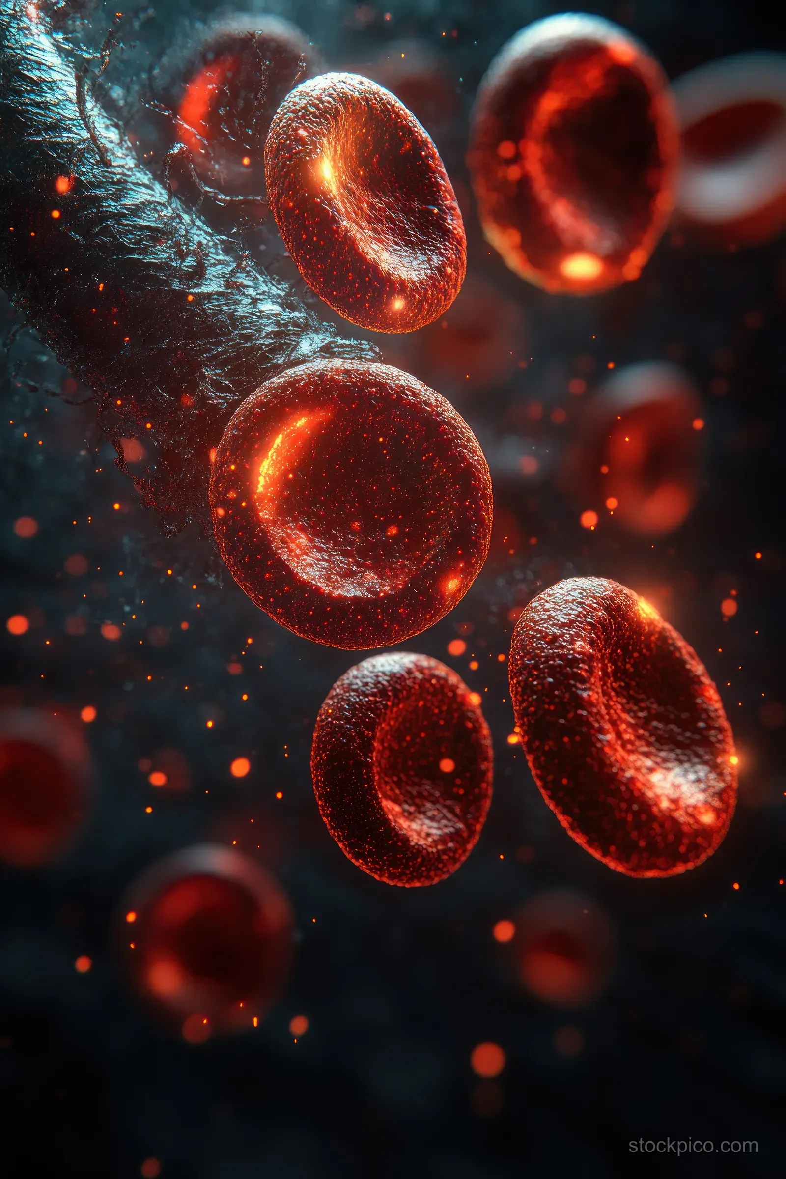 Red blood cells flow through a dark vessel with glowing white blood cells and floating particles.