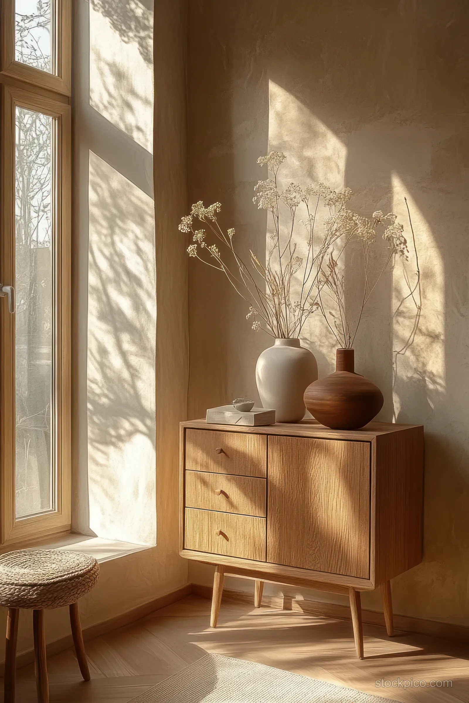 Sunlight illuminates a wooden Scandinavian cabinet with minimalist vases and shadows across the floor by a window.