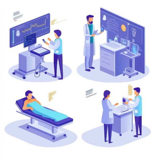 Medical professionals analyze monitors and patient scan charts beside a patient lying on a hospital bed.