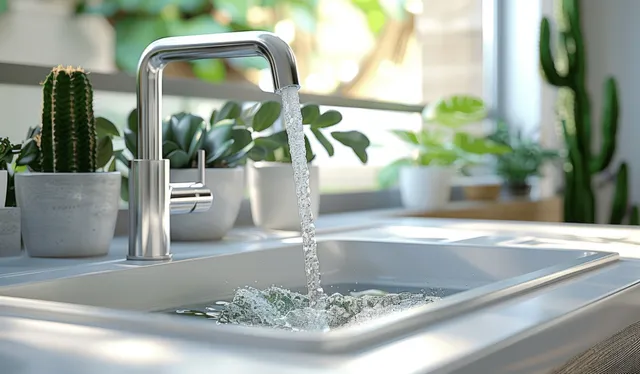 Running water pours from a modern kitchen faucet into a sink with potted cacti on the countertop by a window.