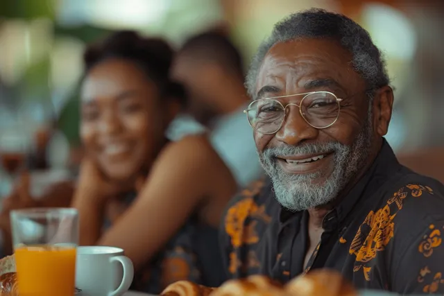 A smiling senior Black man laughs at a family breakfast table with orange juice and pastries in warm sunlight.