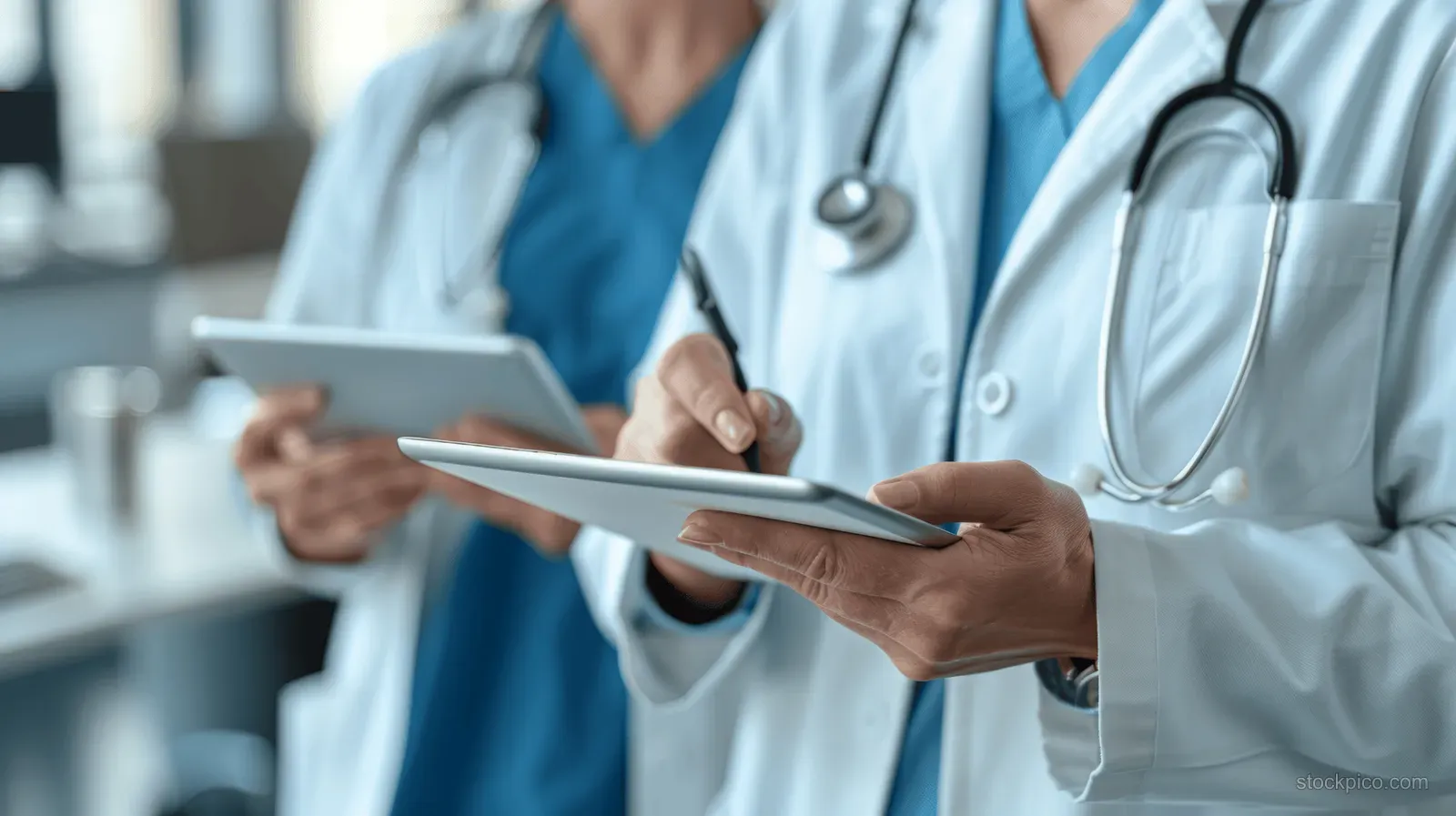 A doctor and nurse hold a tablet together while discussing patient records in a hospital office.