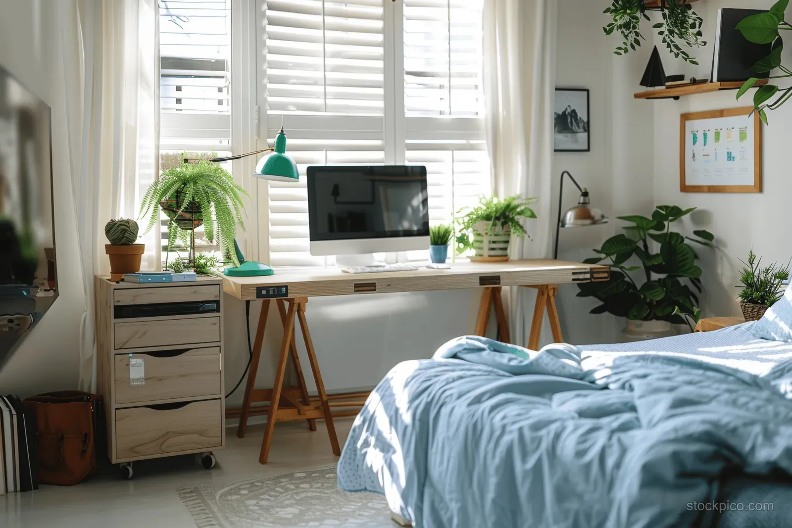 Minimalist bedroom with a wooden desk, green lamp, computer monitor, blue bed linen, and potted plants near large windows.