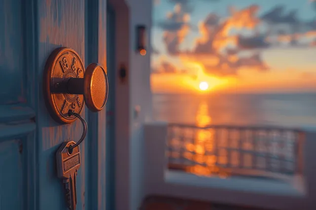 A door lock with an inserted key sits open beside a sunlit panoramic ocean view.