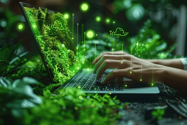Hands using a laptop with glowing green ESG sustainability icons over a leafy background.