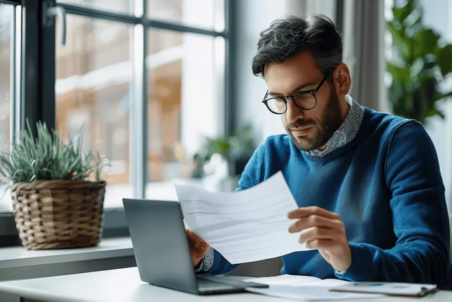 A bearded young businessman reads papers and works on a laptop at a desk in a bright modern office.