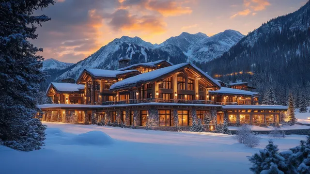 Snow-covered wooden mountain lodge glows with warm windows at sunset behind pine trees and rugged peaks.