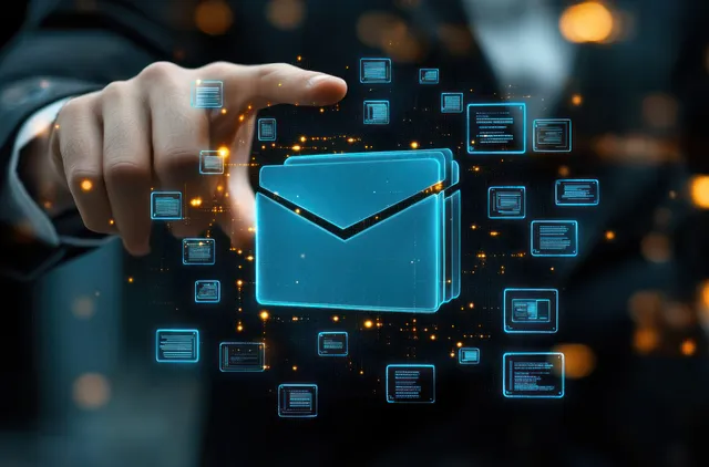 Hand tapping a glowing digital envelope icon with floating data blocks around it