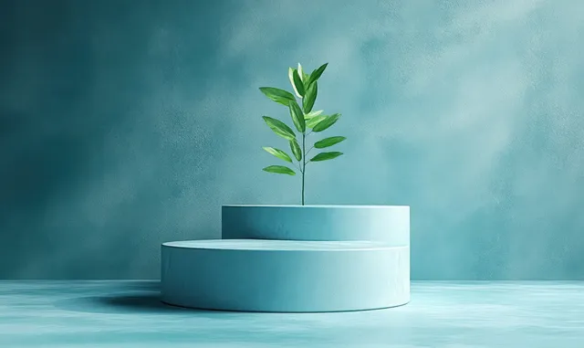 Single green plant sprouting from two-tier turquoise podium on textured wall