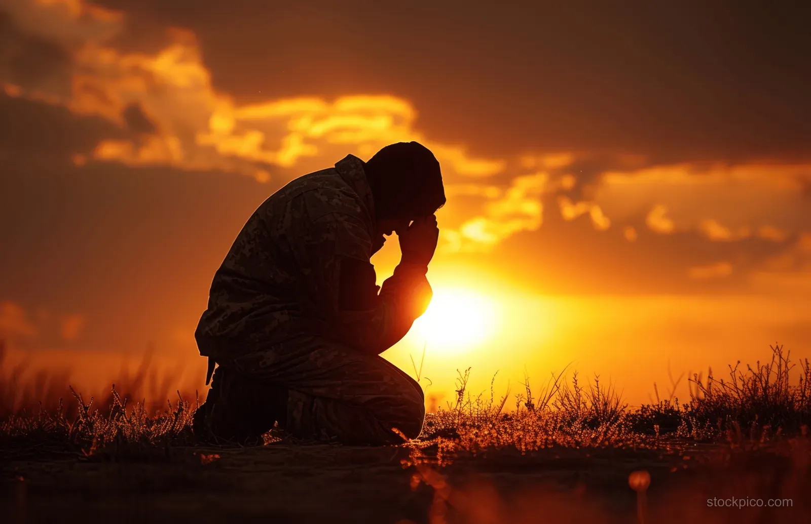 Silhouetted man kneels in a field at sunset, praying with bowed head beside the glowing horizon light.