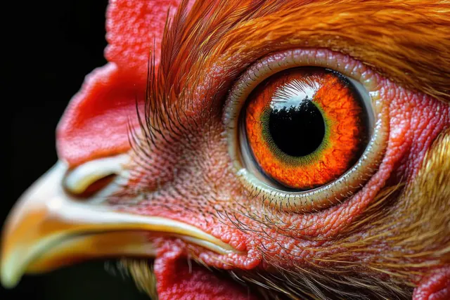 Macro close-up of a chicken eye with a vivid orange iris, dark pupil, and detailed skin texture under dramatic light.
