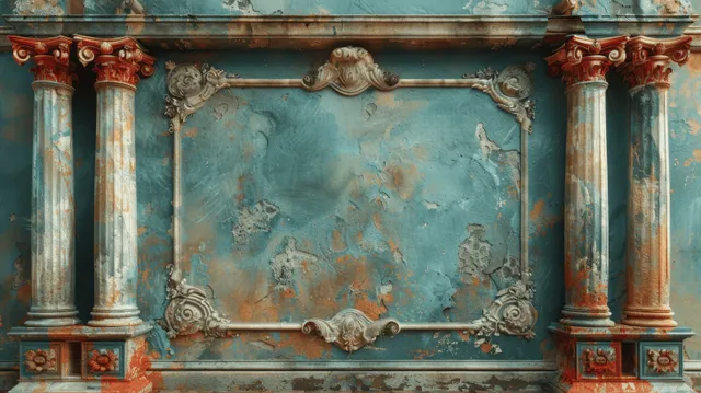 A faded mural panel framed by weathered classical columns with ornate gilded trim and decorative corners.