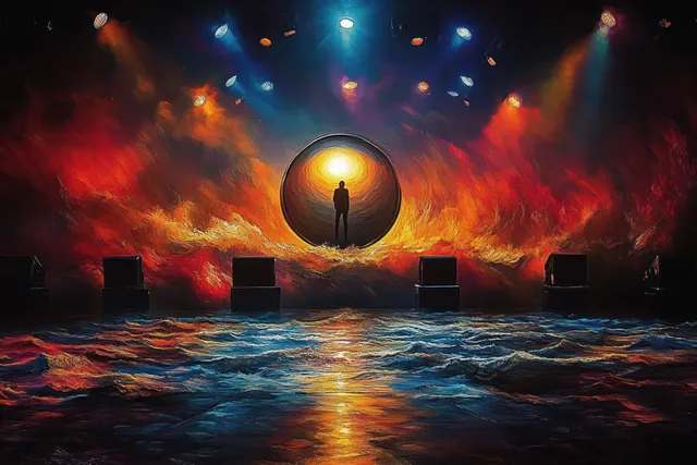 A silhouetted figure stands inside a glowing orb above reflective water while fiery stage lights flare behind.