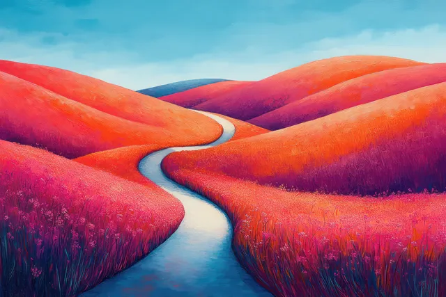 Surreal empty road winding through vivid rolling hills under bright blue sky