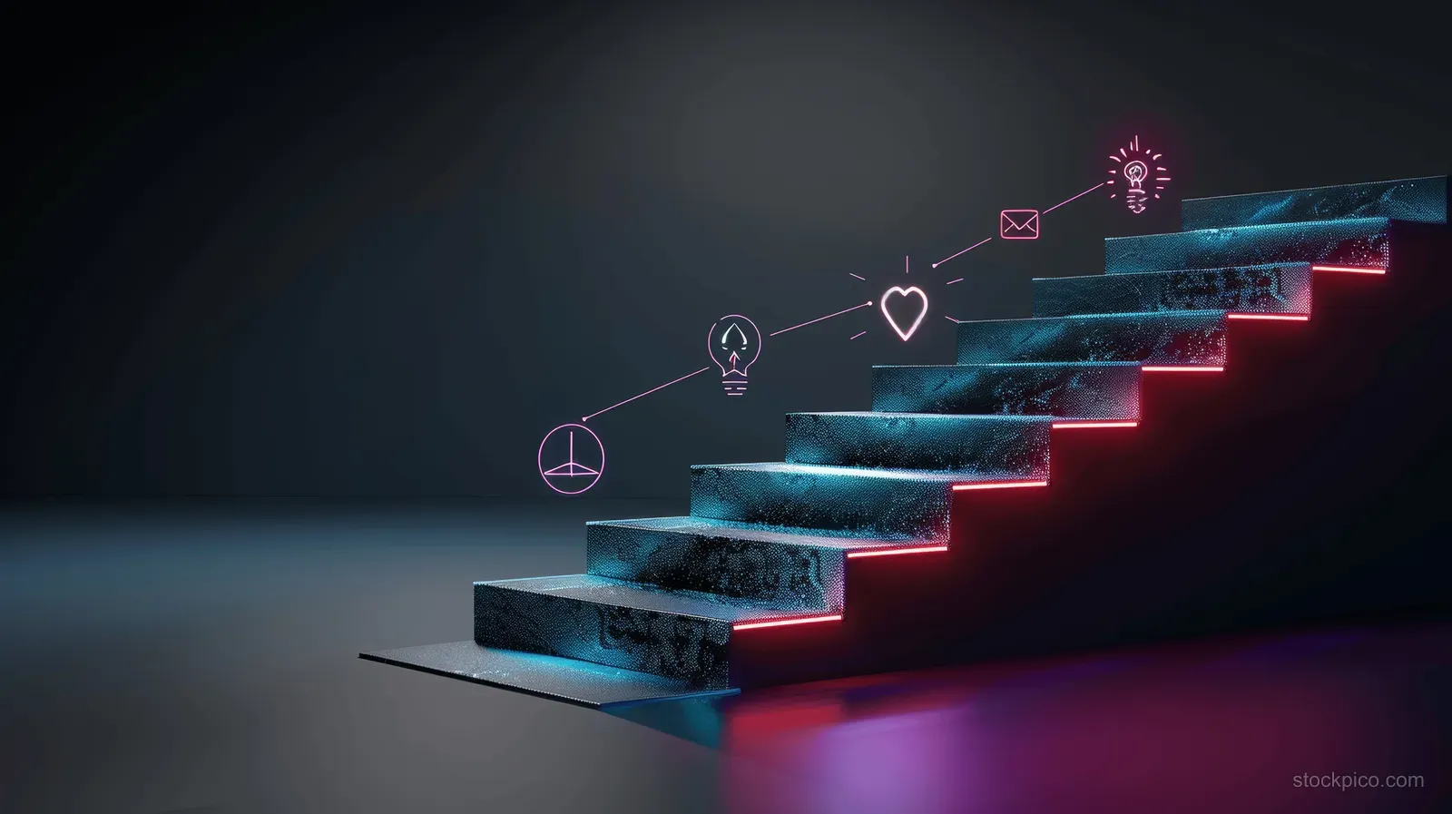 Glowing digital staircase steps with small education and leadership icons in a dark career planning scene.