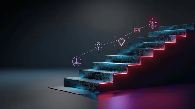Climbing digital success steps with career planning icons and a glowing roadmap