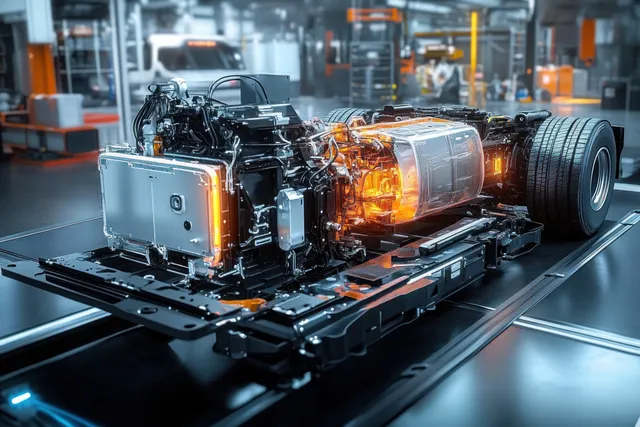 An EV chassis with a glowing battery pack sits on an assembly table inside an industrial automotive workshop.