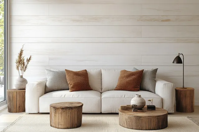 Light sofa with textured pillows sits against a white wooden wall, with wooden side tables and warm window daylight.