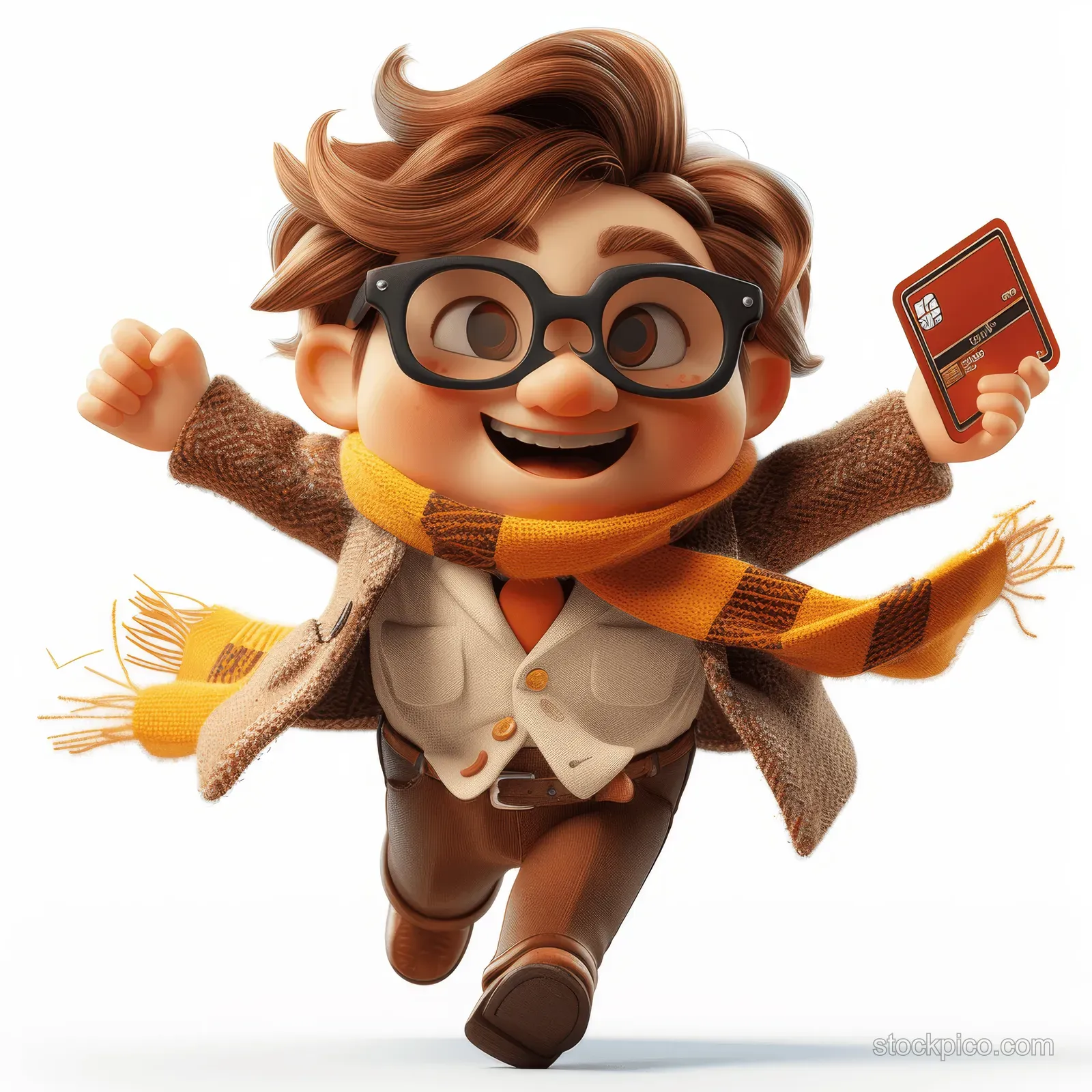 A 3D cartoon man surfs on a credit card while holding a phone-like device against a white background.
