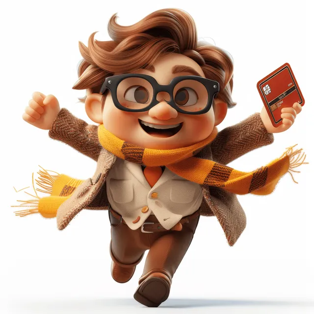 A 3D cartoon man surfs on a credit card while holding a phone-like device against a white background.