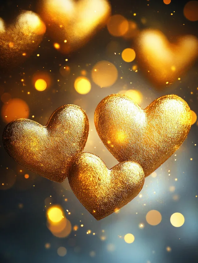 Two golden glitter hearts glowing in a warm background with soft bokeh lights and sparkly particles.