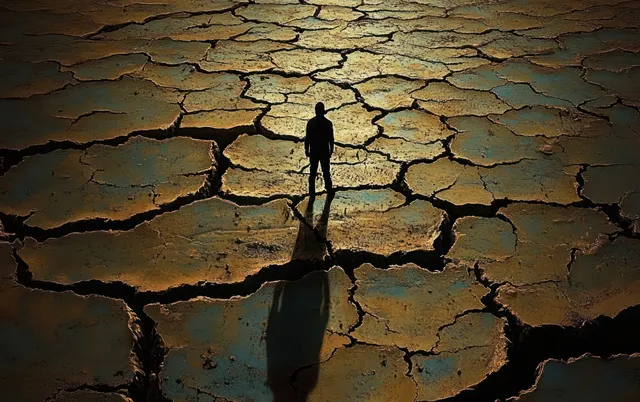 A lone person silhouette stands on cracked dry earth, casting a long shadow in low light.