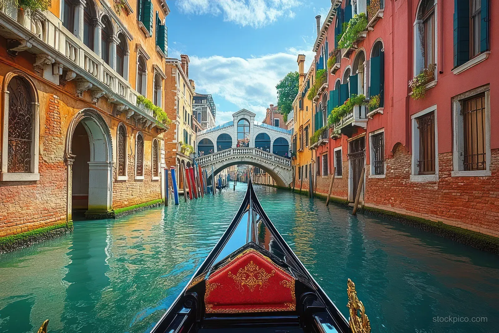 A black gondola moves through a Venetian canal beside colorful buildings and an arched bridge.