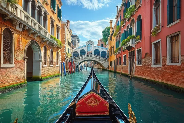 A black gondola moves through a Venetian canal beside colorful buildings and an arched bridge.