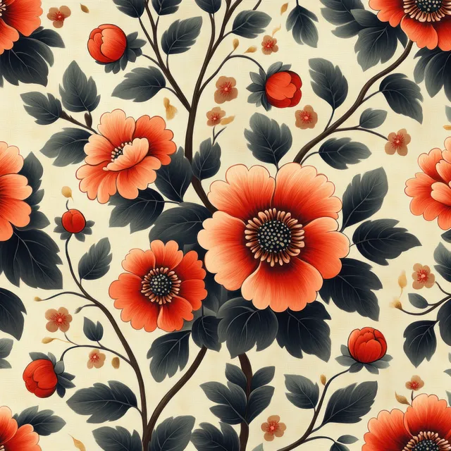 Seamless floral pattern of bold red blossoms and green leaves on a light background.
