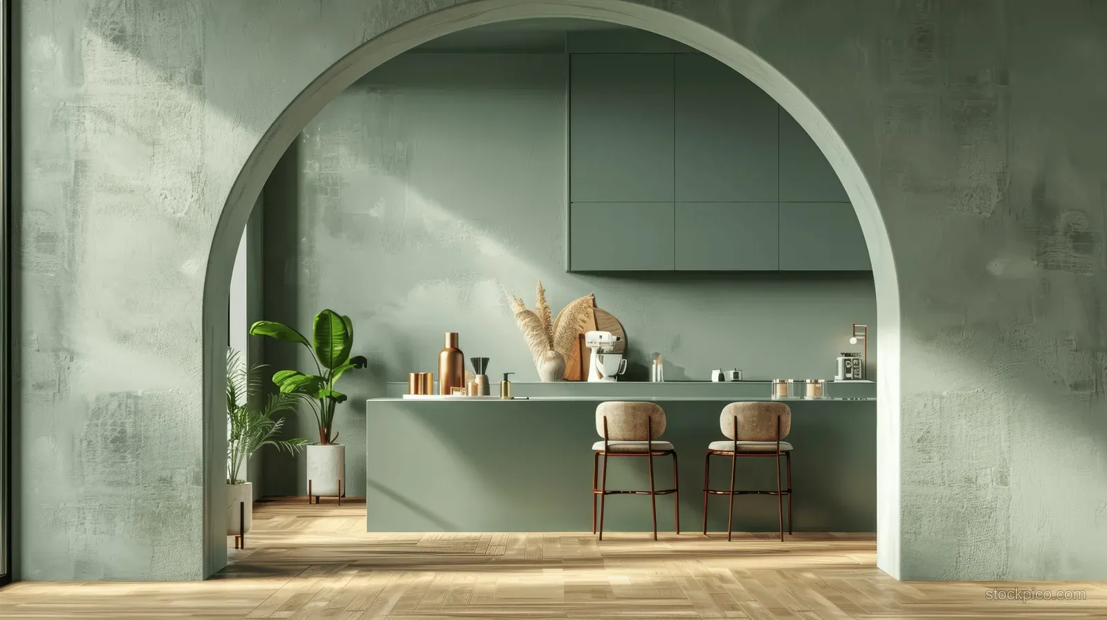 Minimal kitchen interior framed by a large arched opening with a dark green wall, bar stools, and a makeup-style table.