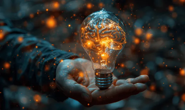 Businessman’s hand holds a glowing lightbulb with embedded brain, dark bokeh tech atmosphere