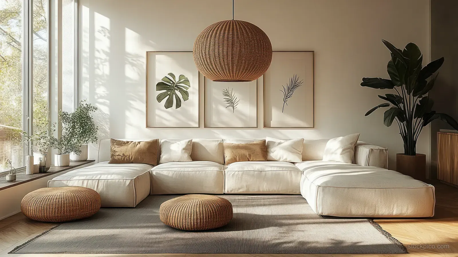 Cream sectional sofa in a bright living room with woven ottomans, framed botanical art, tall windows, and a large potted plant.