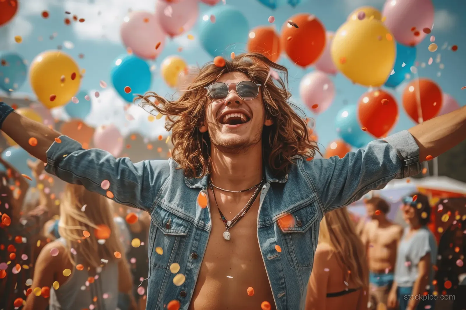 A young woman throws her arms wide while confetti and colorful balloons fill a summer festival outdoors.