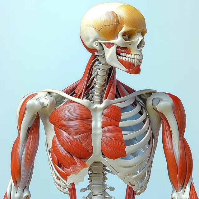 3D anatomical view of human skeleton and biceps brachii muscles with highlighted flexor with Musculoskeletal System