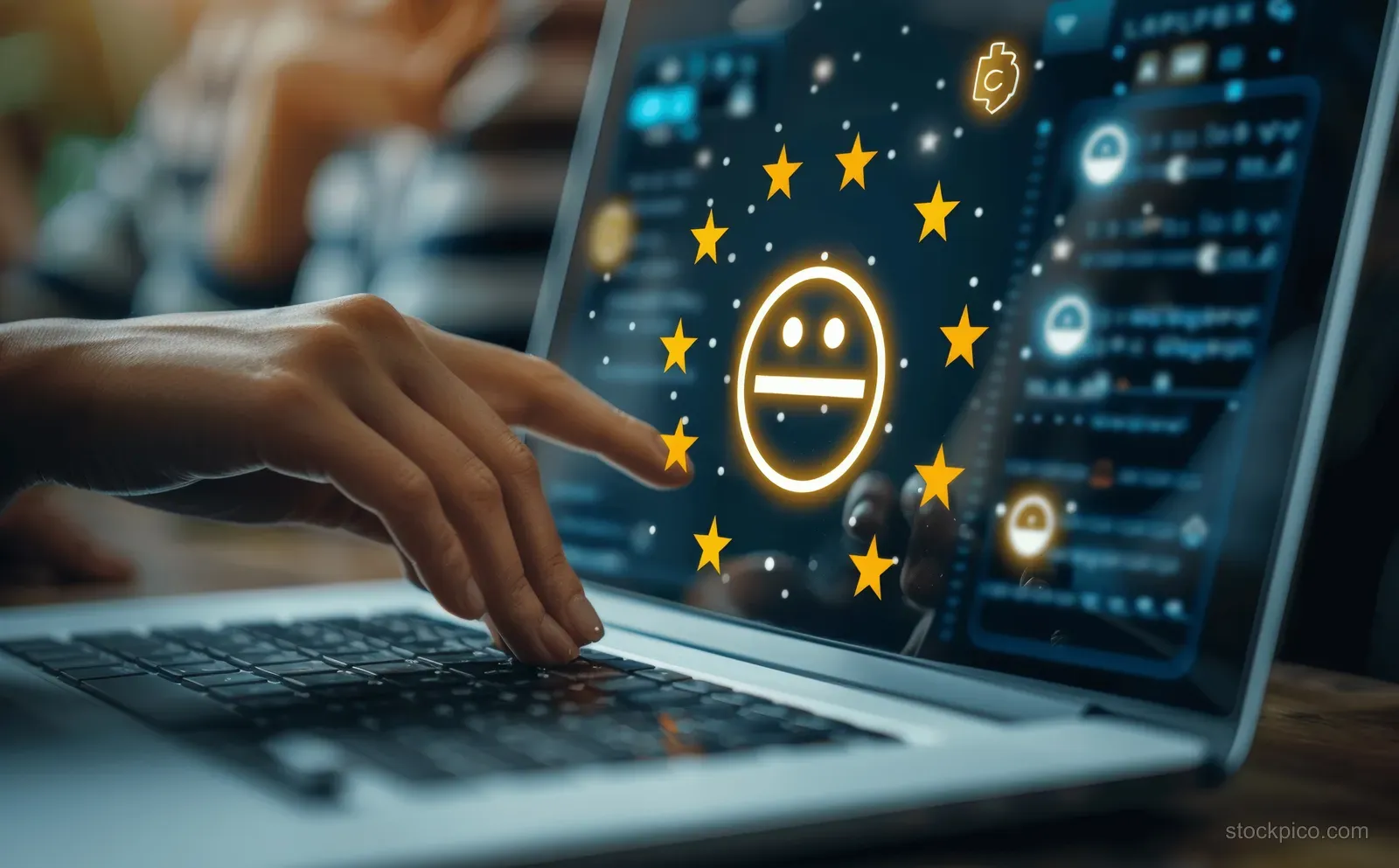 A person types on a laptop displaying a five-star rating and happy emoji for customer feedback.