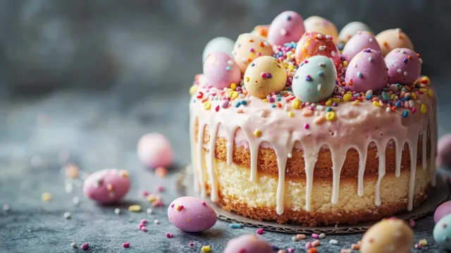 Close-up of a vanilla cake with dripping white icing, speckled candy eggs, and multicolored sprinkles on a textured surface.